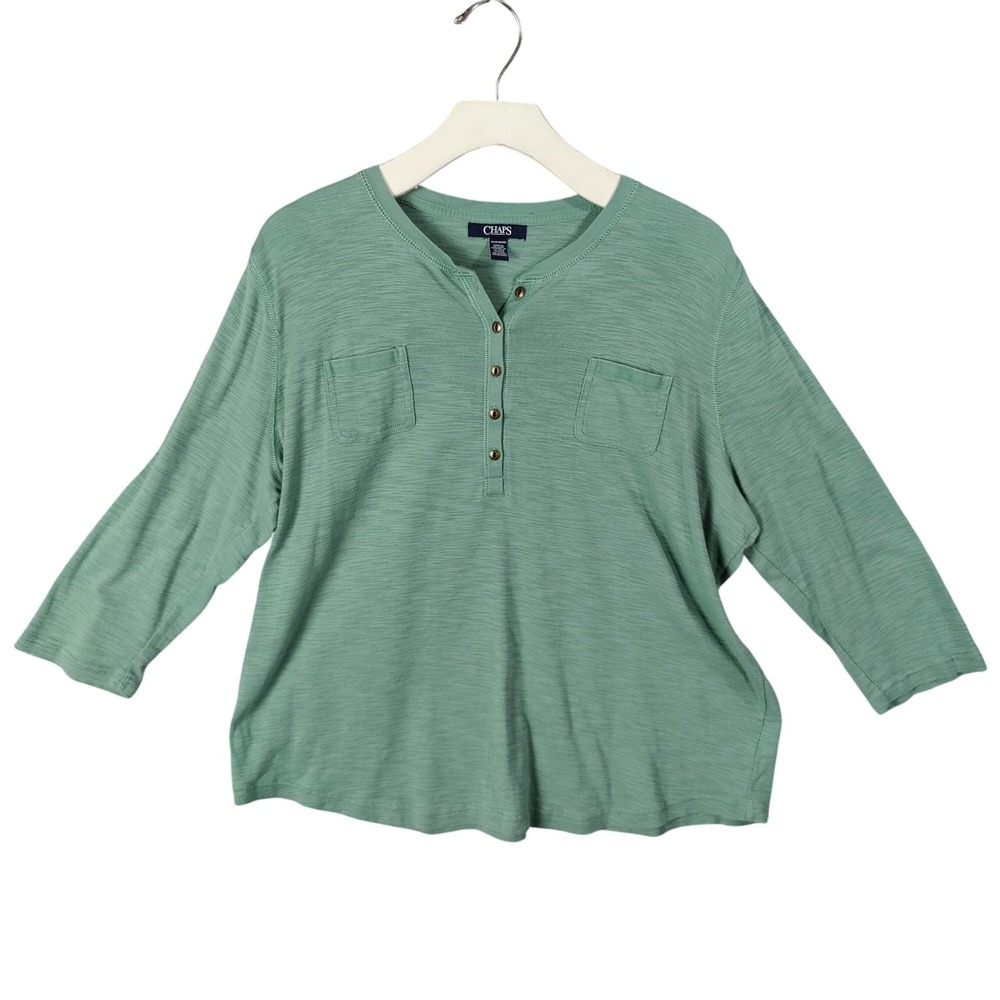 Chaps Womens Coastal Earthy Cottage Henley Top 2X Sage Green Slub Knit 3/4 Slv